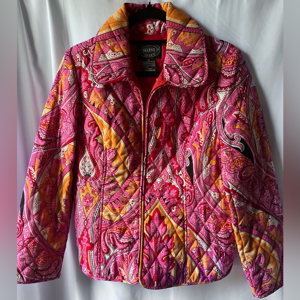 Selene Sport Quilted Paisley Jacket • Pink/Orange Boho Print • Size M Vintage